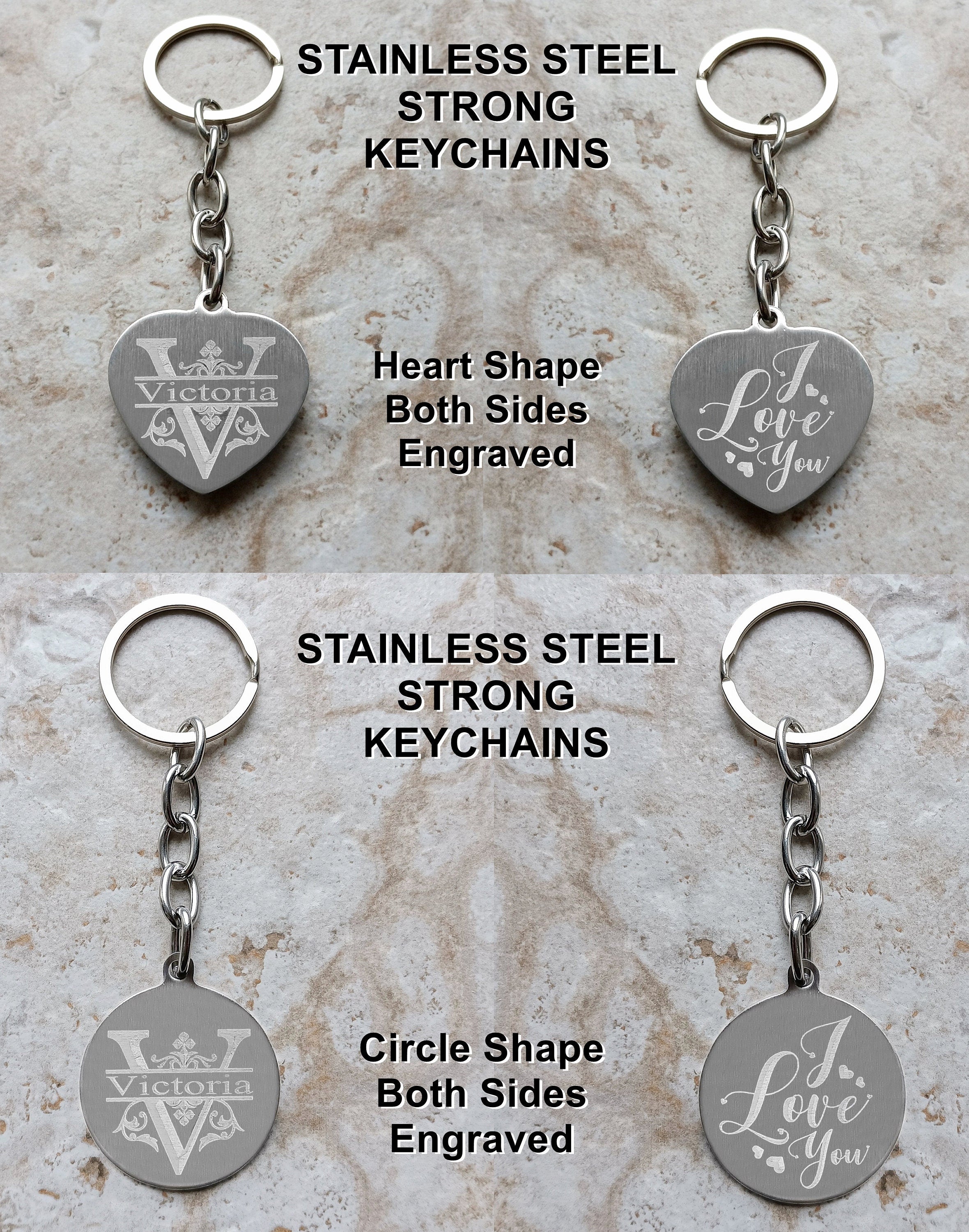 Keychain Keyring Custom Engraved Heart Circle Shape Stainless Steel Jewelry Vintage Antique Style Regal Split Monogram Text Great Gift Idea